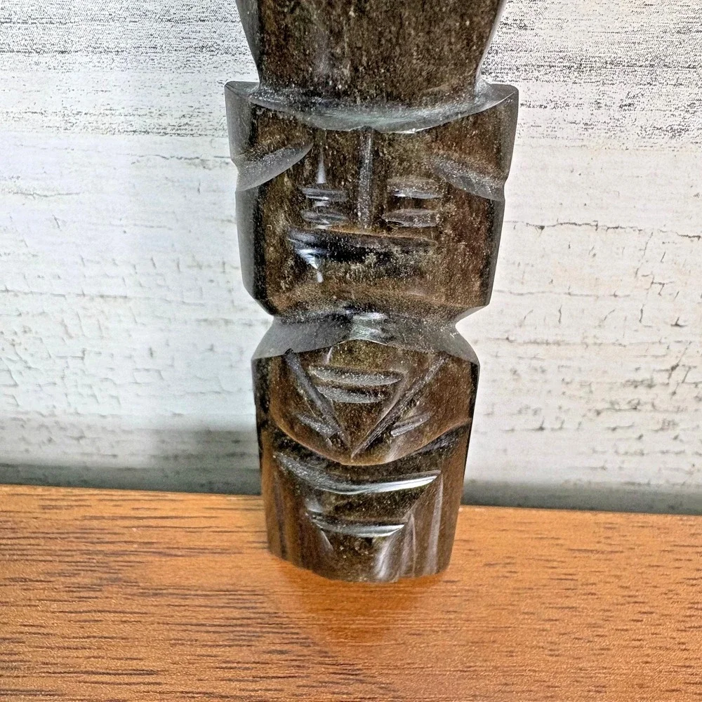Aztec Obsidian Knife, Green Figural Stone Handle Volcanic Glass 6.5
